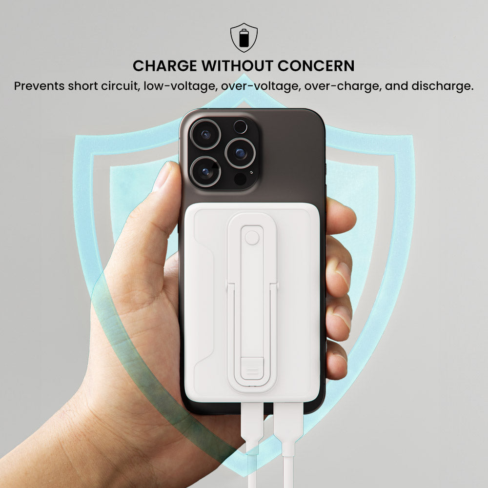 Hand holding a smartphone with a protective device, featuring text about charging safety.