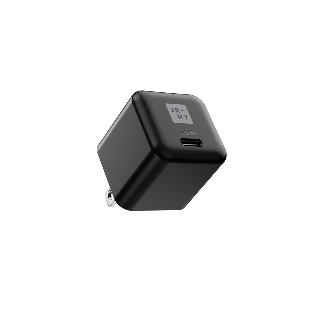 Black USB charging adapter with JR-NY logo on a white background