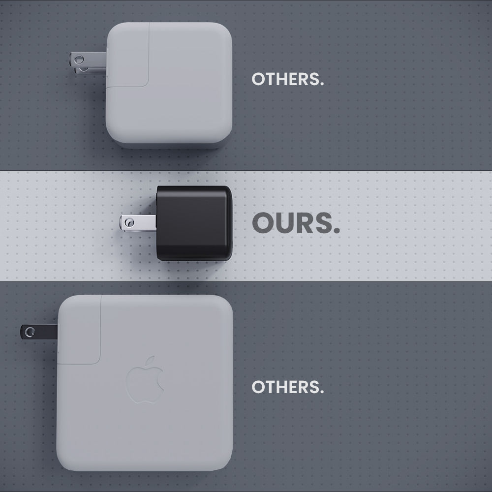 Three Apple power adapters on a gray background with 'Others.' and 'Ours.' text.