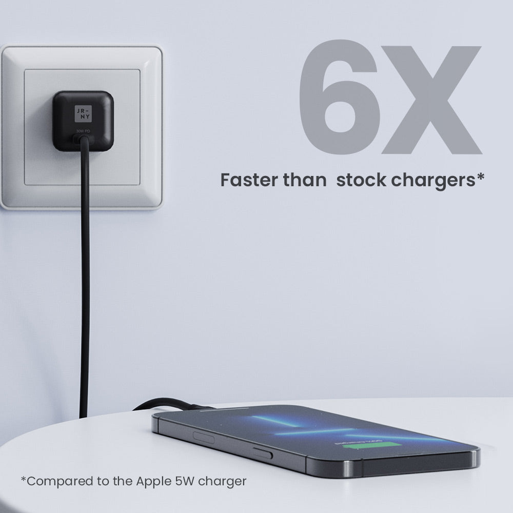 Fast charging adapter with smartphone on a light gray background, highlighting faster charging speed.