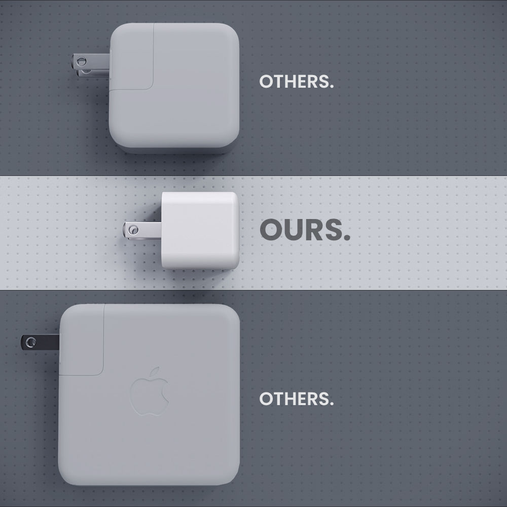 Comparison of Apple's power adapter with others on a gray background