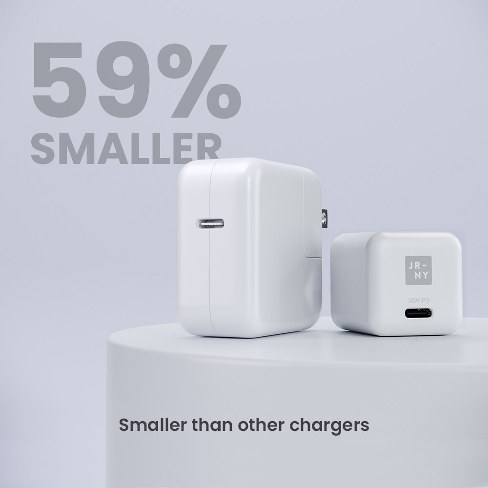 Two white chargers on a light gray background with text indicating they are 59% smaller than other chargers.
