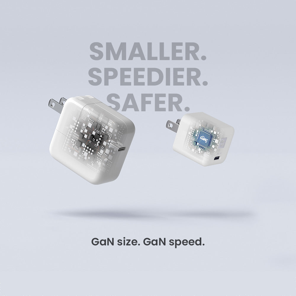 Two white electronic devices with text 'SMALLER. SPEEDIER. SAFER.' on a light gray background.