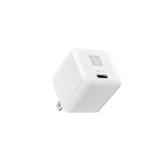 White USB-C wall adapter on a white background