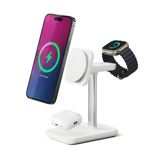 White wireless charging stand with smartphone, smartwatch, and earbuds on a white background