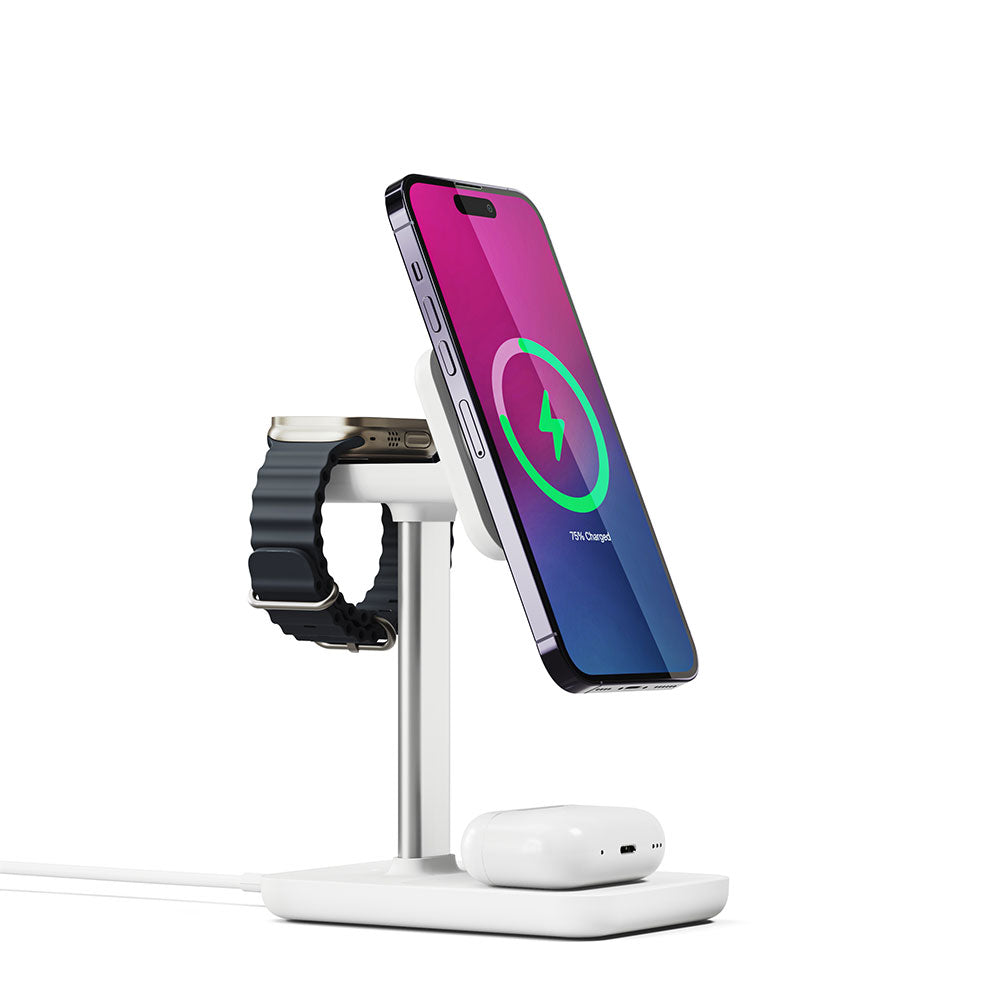 Multi-device charging stand with smartphone, smartwatch, and wireless earbuds on a white background