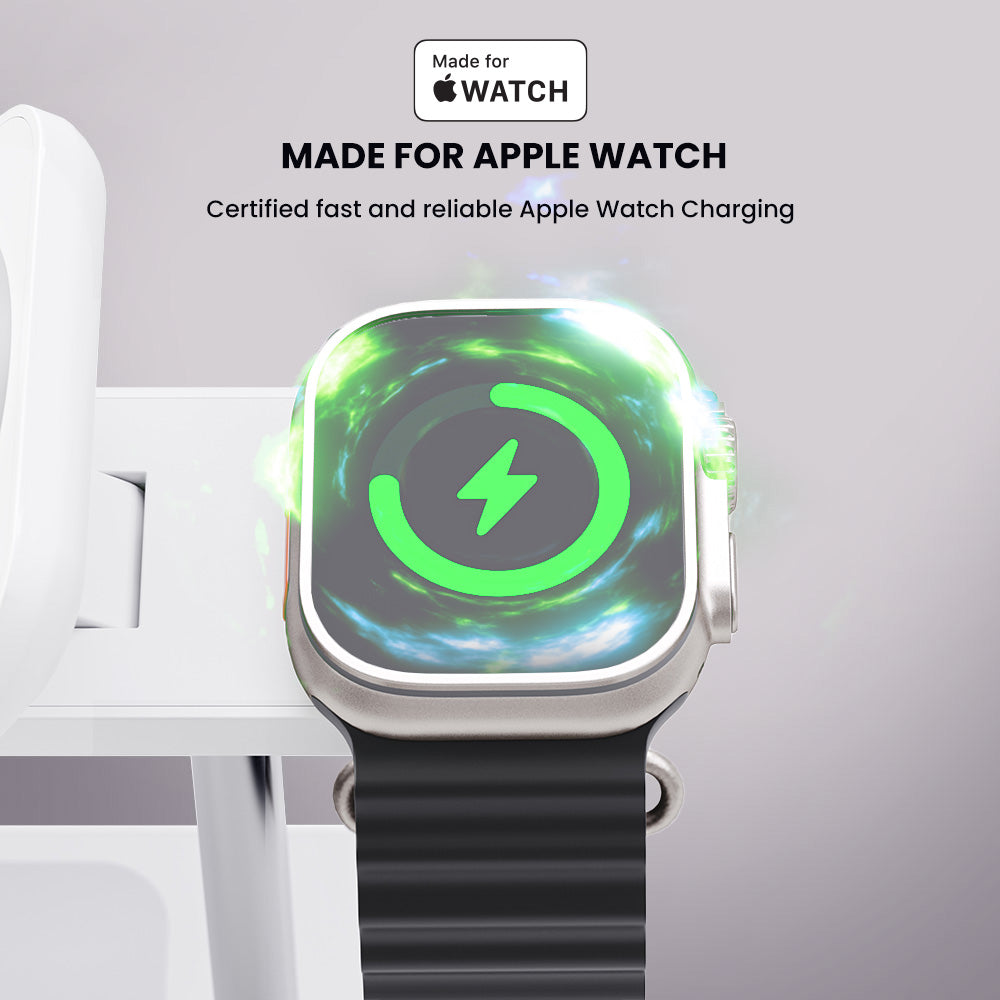 Smartwatch with charging icon on screen, branded for Apple Watch, on a white background.