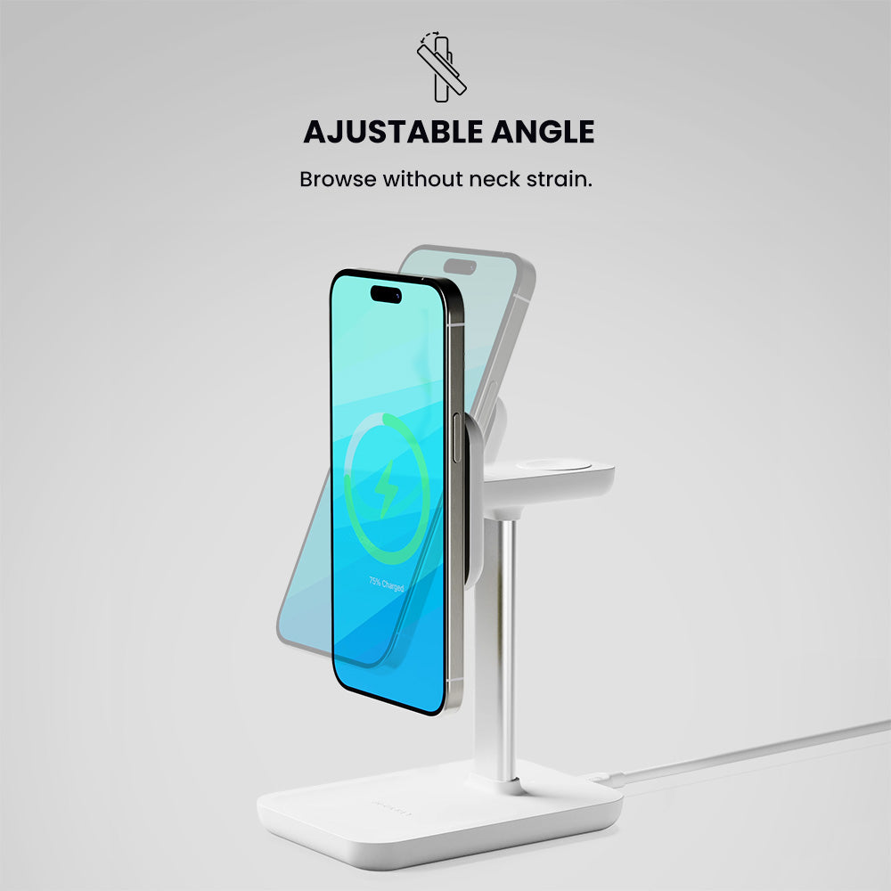 Smartphone on an adjustable stand with text 'Adjustable Angle' and 'Browse without neck strain.'