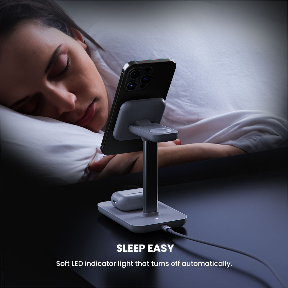Woman sleeping with a smartphone on a stand in a dark room, with text 'Sleep Easy' and product description.
