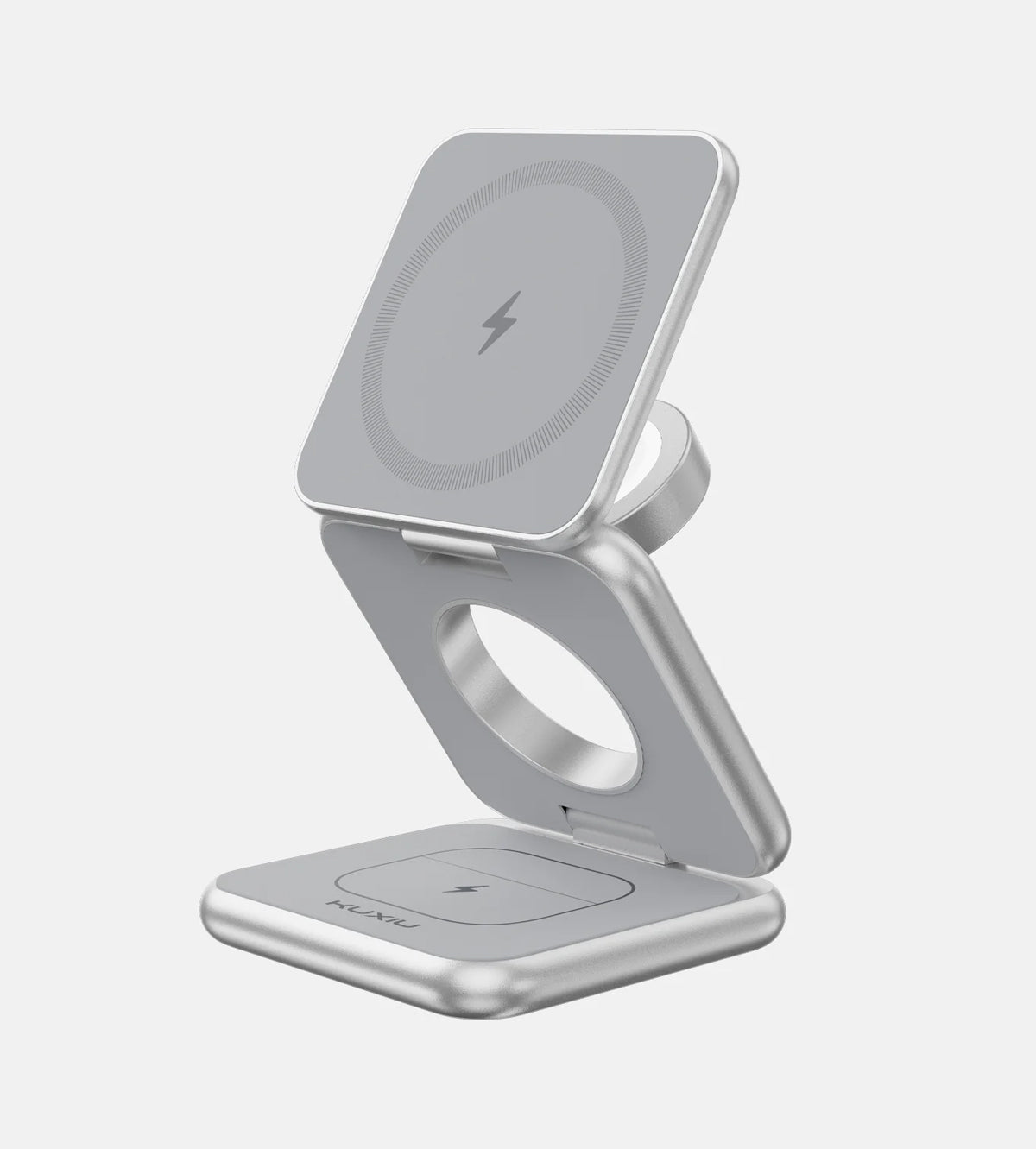 Silver wireless charging stand on a white background
