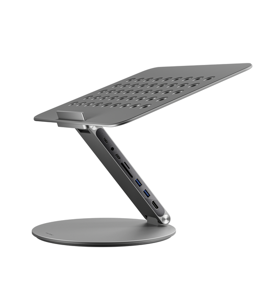 Gray keyboard stand with USB hub on a white background