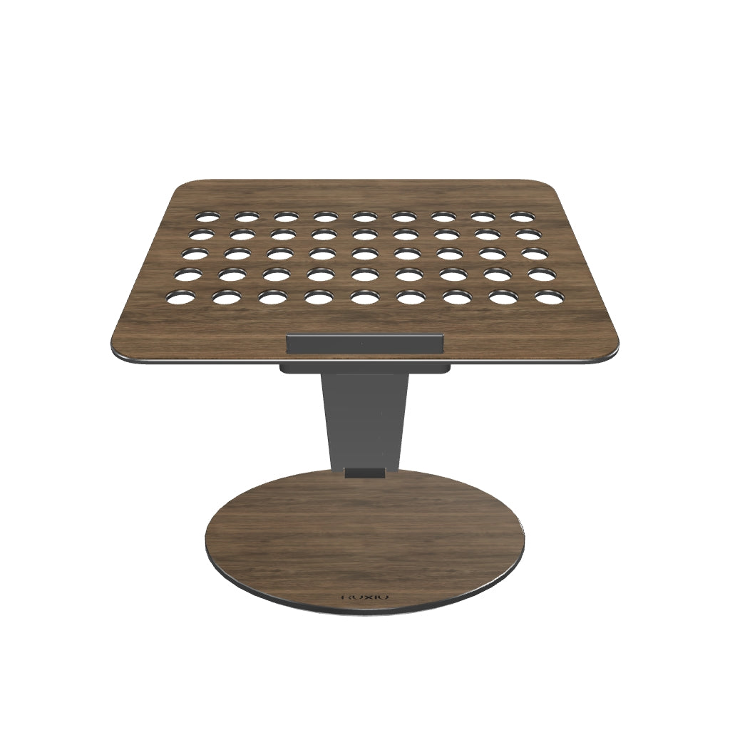 Wooden adjustable standing desk with perforated top on a white background
