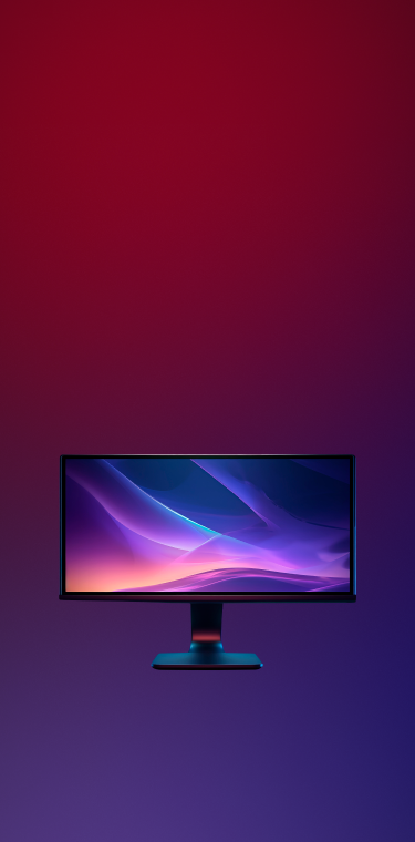 Monitor with a colorful display on a gradient red to purple background